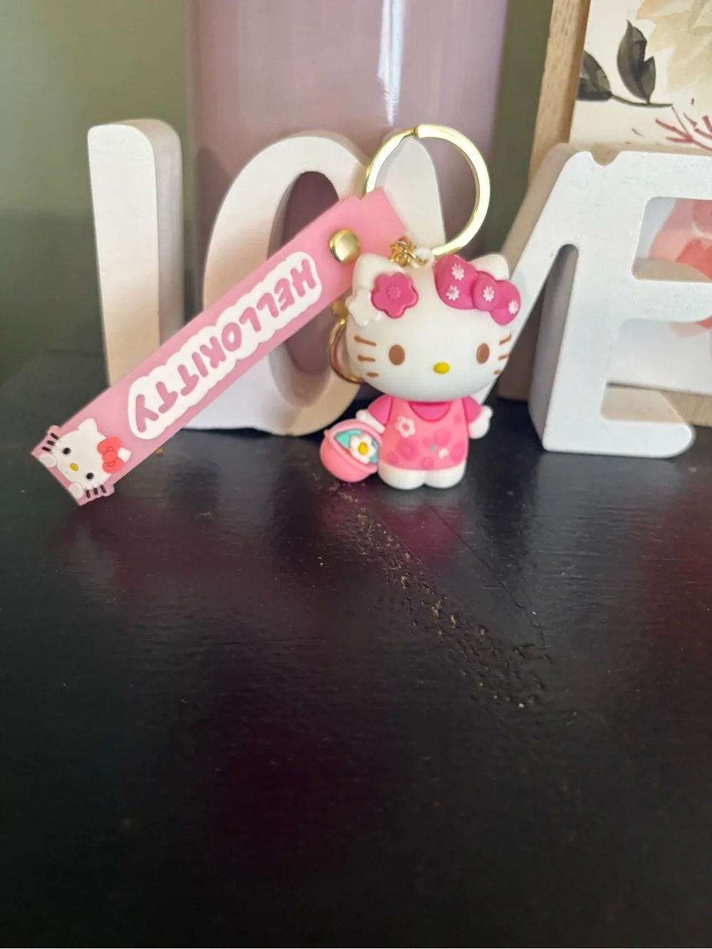 Sanrio Hello Kitty Pink Floral Silicone Keychain with Gold Ring